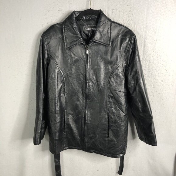 Leatherworks Jacket Mens 2XL XXL Black Faux Patchwork Full Zip Belted Retro